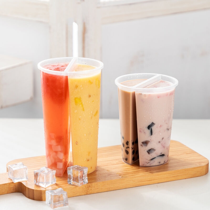 Tazza Condivisa a Doppio Scomparto da 95 mm per Vendita all'Ingrosso – Tazza in Plastica Divisa a Doppia Faccia con Coperchio per Tè Boba, Succhi e Bevande Miste